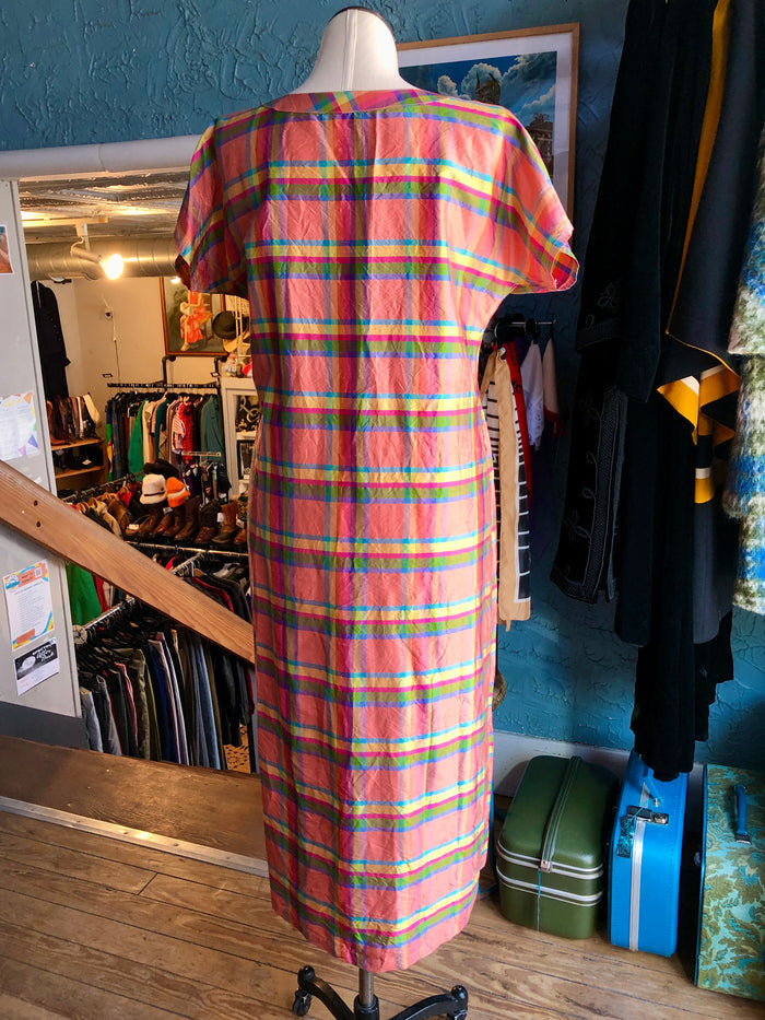 80s Silk Dupioni Plaid Shirt Dress w44