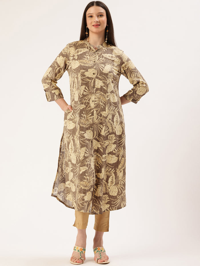 Brown Floral Printed Kurta, Princess Cur Kurta, A-Line Kurta, Floral Print, Mandarin Collar kurta, printed kurta
