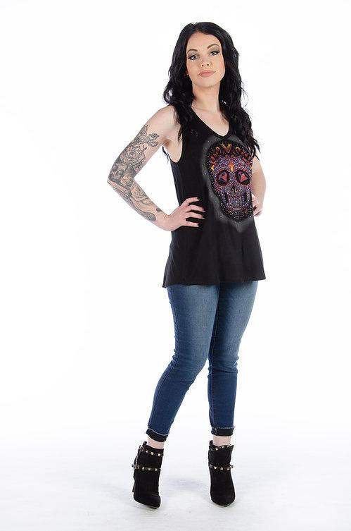 Calavera Lace Black: Features:
Embellished sugar skull tank with crisscross lace back
LENGTH - 26 1/2 inches (small)
