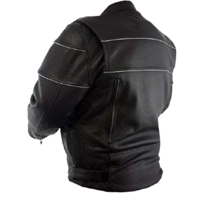 Angled back view of men’s black leather motorcycle jacket with reflective piping, zippered vents, and adjustable waist straps on white background.