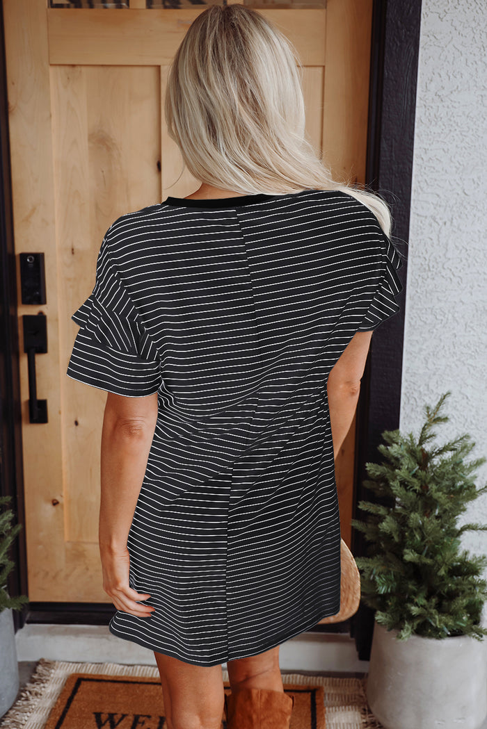 Green Stripe Ruffled Short Sleeve Crew Neck T Shirt Shift Mini Dress