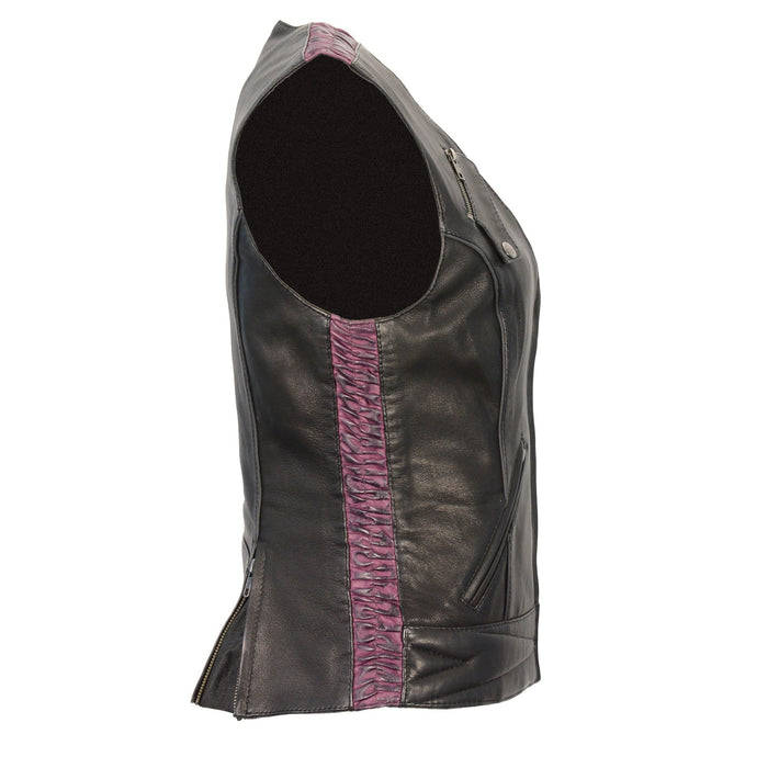 Ladies Front Zipper Vest Bk/Pp: Features:
Made from Premium Naked Goatskin
Leather Crimping Highlighting the Side
Snap Front
