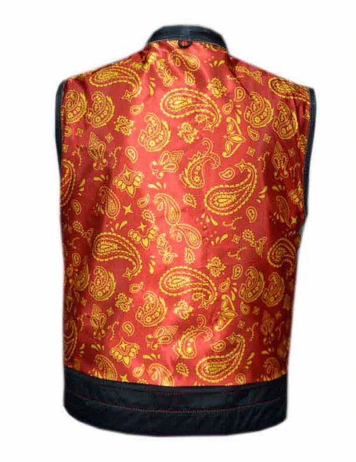 Men's Affiliation Vest: Features:
COWHIDE Men's Red / Gold Paisley Vest
Mens PREMIUM Club Vest in soft Cowhide 1