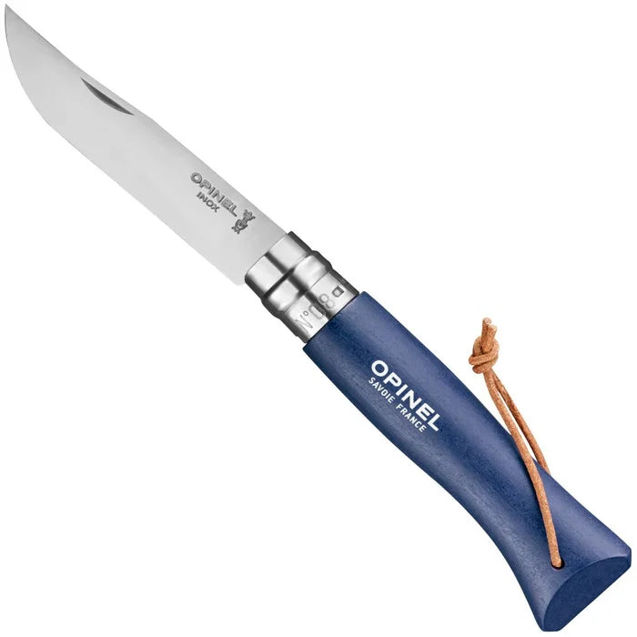 Opinel No.8 folding knife open, showing stainless steel blade, blue hornbeam handle with Virobloc safety ring, and leather lanyard
