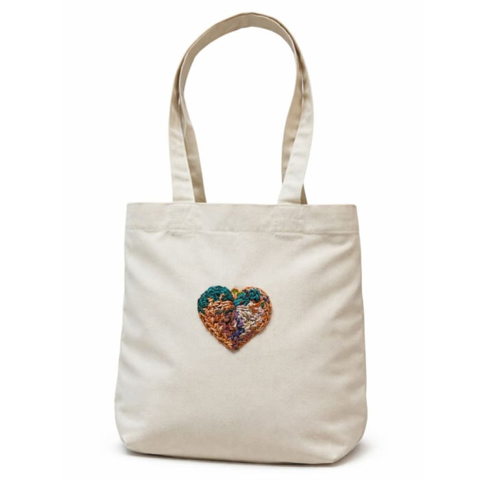 Premium Canvas Tote Bag with Rcycle Silk yarn Crochet Heart Patch | Eco-Friendly Reusable Shopping & Office Bag - Mojopanda Organic Store