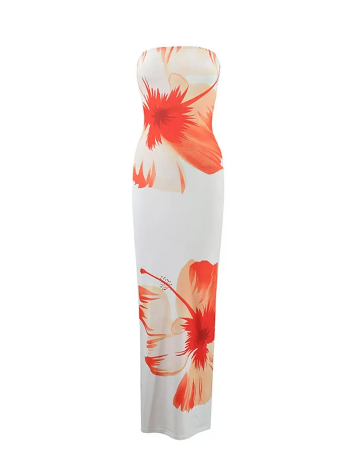 strapless floral maxi dress lightweight polyester with slight stretch, bold floral print and clean hemline