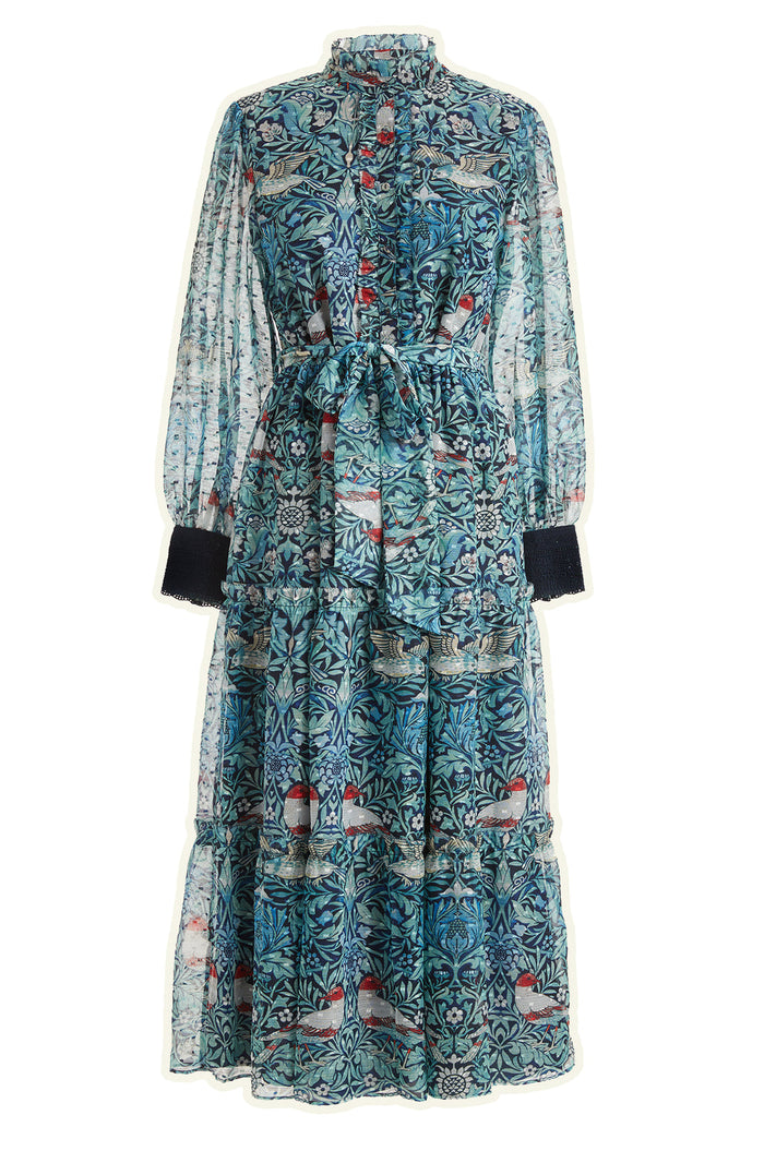 The Emery Button Front Tie Waist Maxi Dress (Blue)