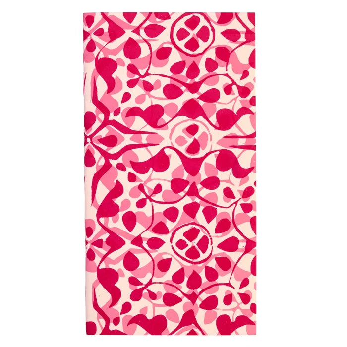 A rectangular notebook by Cambridge Imprint featuring an abstract, symmetrical pattern in shades of pink and magenta on a light cream background.