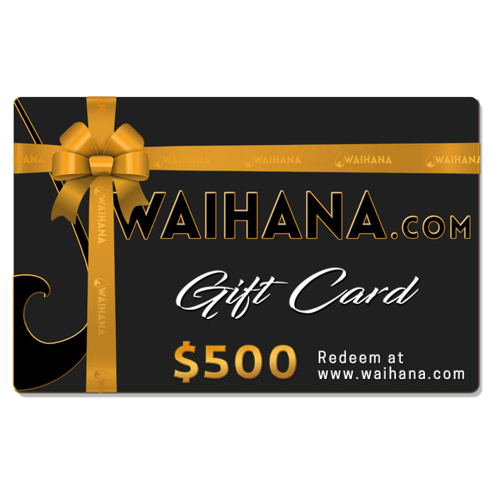 Waihana.com $500 gift card with a black background, gold ribbon and bow decoration, redeemable at www.waihana.com.