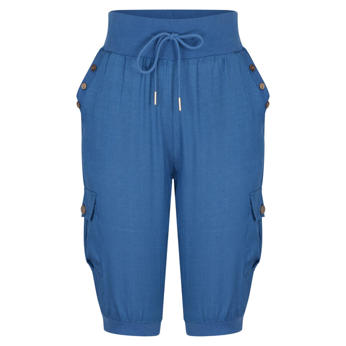 Blue capri pants with drawstring waistband on a white background