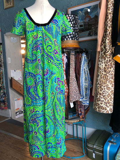 70s Otaheite Grn/Blue Lounge Dress     S (w44)