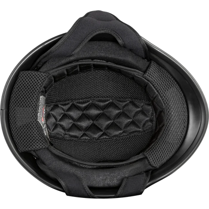 Black helmet interior with quilted padding on a white background