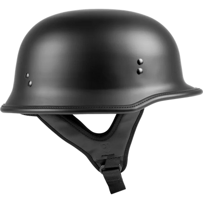 Black military helmet with chin strap on a white background