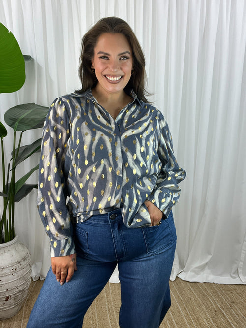 Amberlee Blouse- Steel Grey/Cream