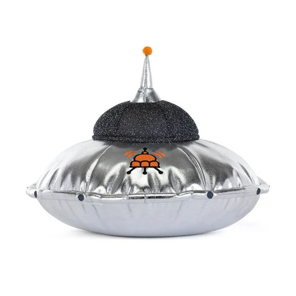 Silver UFO-shaped object with a black top and logo on a white background