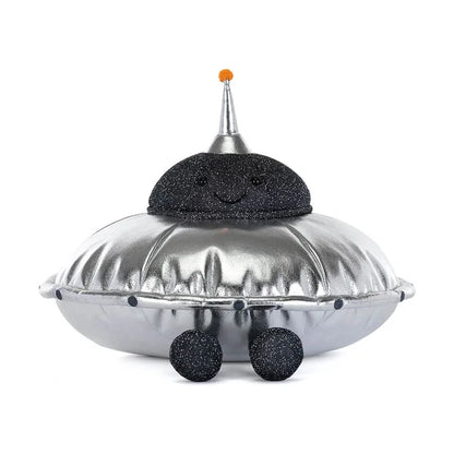 Toy resembling a silver flying saucer with a black cushioned top on a white background