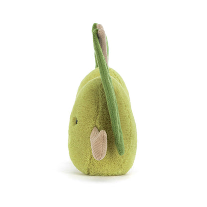 Green plush olive toy with stem on a white background, viewed from the side