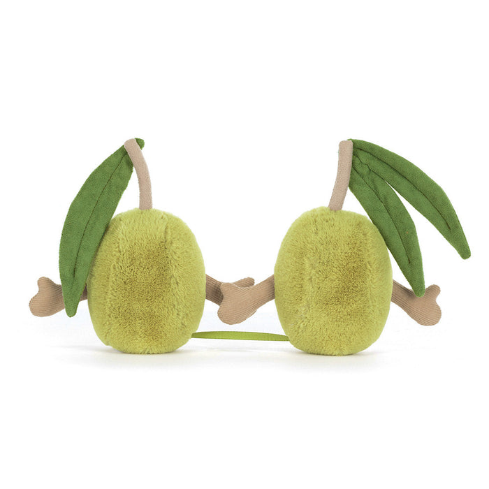 Plush olive toy with green leaves on a white background, viewed from the back