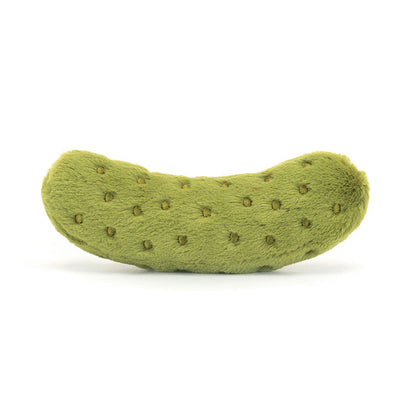 Green pickle-shaped plush toy on a white background, viewed from the back