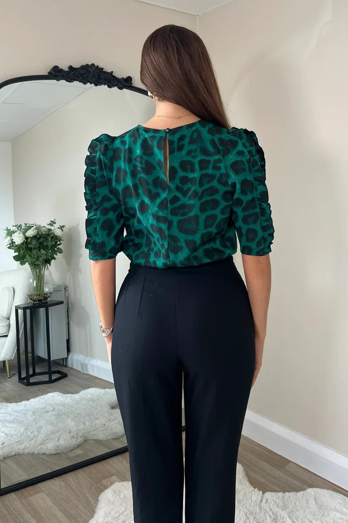 Asher Animal Frill Sleeve Top (Green)
