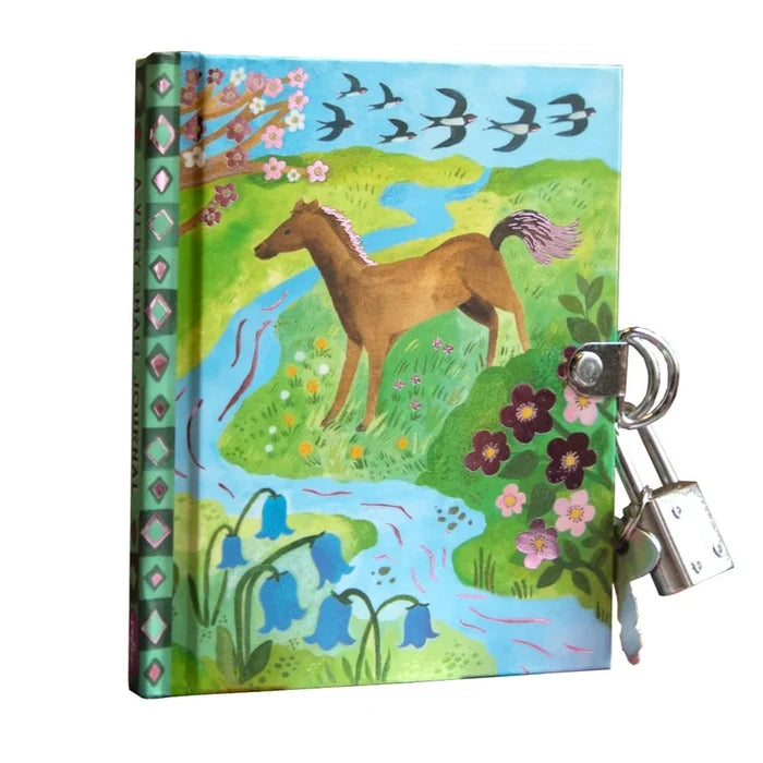 Stream Horse journal by Eeboo with an illustration of horse by a stream with bluebells and swallows