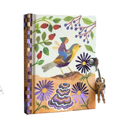 Song Bird Friend journal by Eeboo with an illustration of fairy child riding a songbird among purple flowers