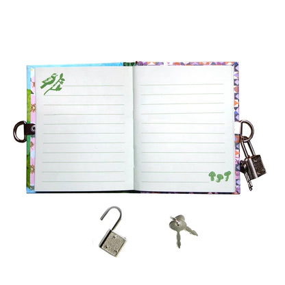 Open diary with floral border, padlock, and key on a white background
