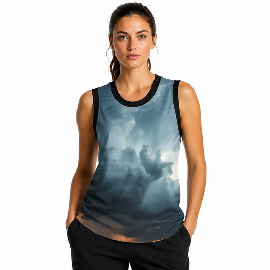 Storm Blue basketball jersey shown on a model with Black Trim, sleeveless shape and side slit detail in a clear product view.