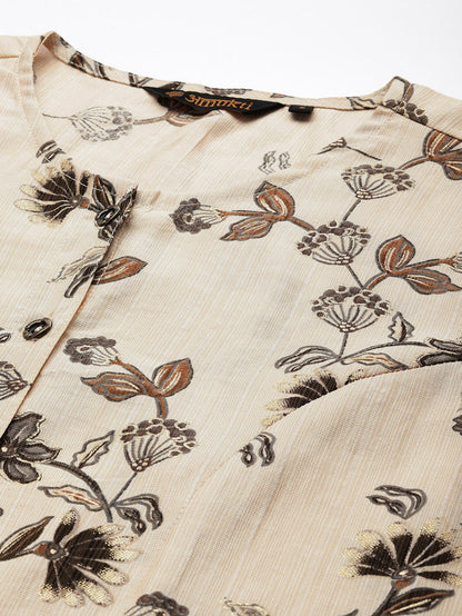Beige Floral Printed Kurta, Princess Cur Kurta, A-Line Kurta, Floral Print, Mandarin Collar kurta, printed kurta
