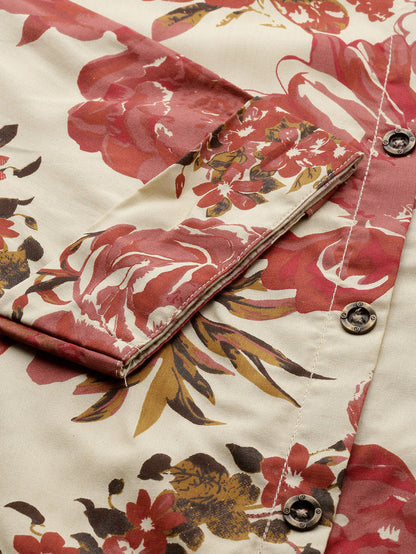 Beige Floral Printed Kurta, Princess Cur Kurta, A-Line Kurta, Floral Print, Mandarin Collar kurta, printed kurta