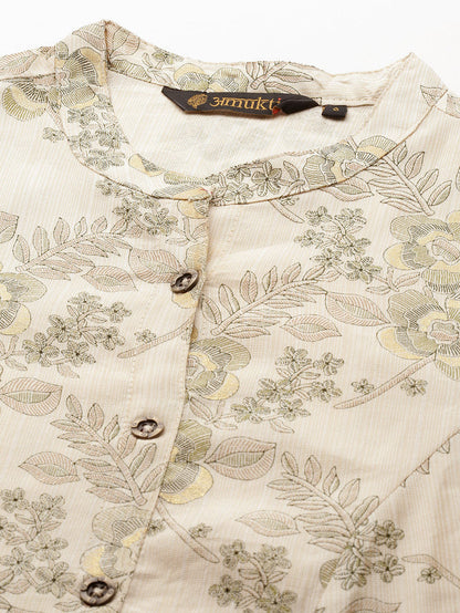 Beige & Green Floral Printed Kurta, Princess Cur Kurta, A-Line Kurta, Floral Print, Mandarin Collar kurta, printed kurta