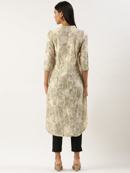 Beige & Green Floral Printed Kurta, Princess Cur Kurta, A-Line Kurta, Floral Print, Mandarin Collar kurta, printed kurta
