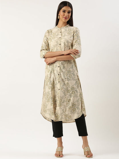 Beige & Green Floral Printed Kurta, Princess Cur Kurta, A-Line Kurta, Floral Print, Mandarin Collar kurta, printed kurta