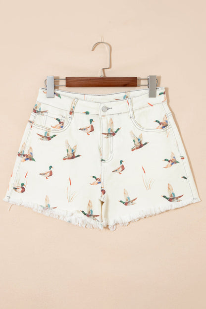 Beige Wild Duck Mallard High Waist Frayed Denim Shorts