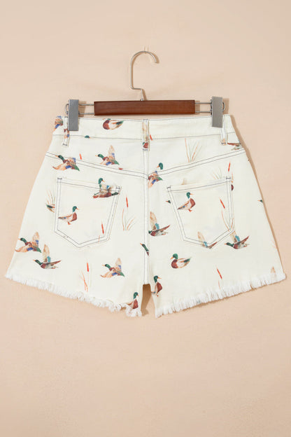 Beige Wild Duck Mallard High Waist Frayed Denim Shorts