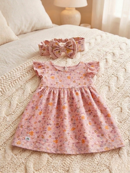A matching baby girl set featuring the Bella dress and headband, both made from soft pink muslin cotton with a delicate yellow and purple floral print. The dress has flutter sleeves and a gathered skirt, and the headband is finished with a large matching bow, all displayed on a white textured blanket.