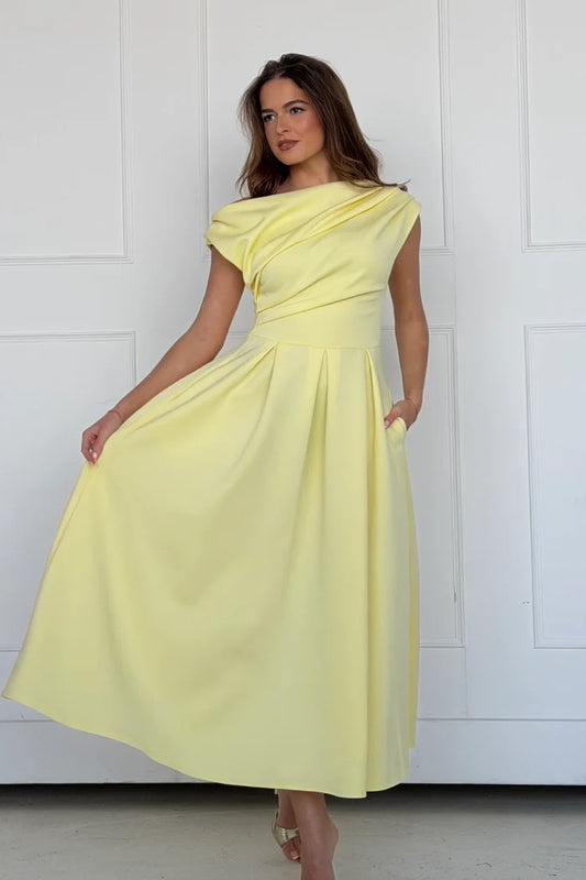 Betty Asymmetric Midi Dress (Yellow)