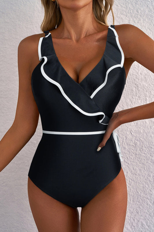 Black Color Contrast Ruffled Wrap V Neck Swimsuit