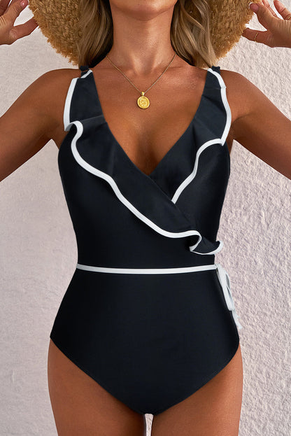 Black Color Contrast Ruffled Wrap V Neck Swimsuit