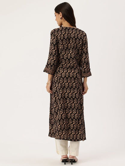 Black Floral Printed Kurta, Princess Cur Kurta, A-Line Kurta, Floral Print, Mandarin Collar kurta, printed kurta