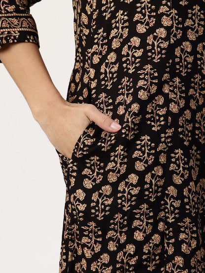 Black Floral Printed Kurta, Princess Cur Kurta, A-Line Kurta, Floral Print, Mandarin Collar kurta, printed kurta