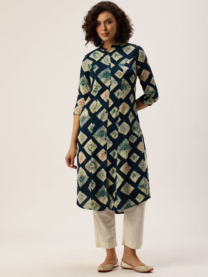 Black Geometric Printed Mandarin Collar Kurta