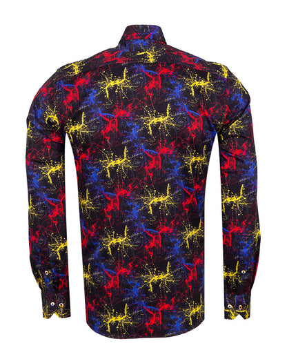 Black Paint Splatter Print Men's Shirt with Matching Handkerchief-Makrom