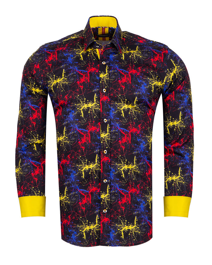 Black Paint Splatter Print Men's Shirt with Matching Handkerchief-Makrom