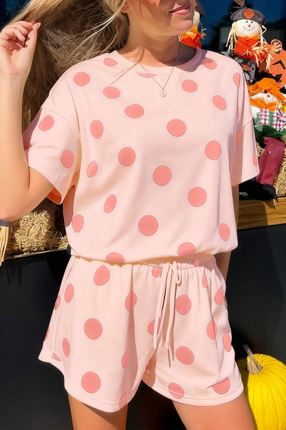 Black Polka Dot Print Loose Tee Drawstring Elastic Waist Short Set