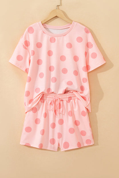 Black Polka Dot Print Loose Tee Drawstring Elastic Waist Short Set
