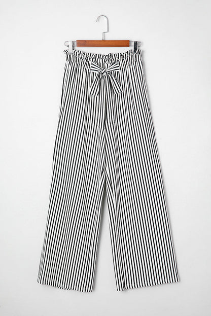 Black Stripe Tied High Waist Loose Straight Casual Pants