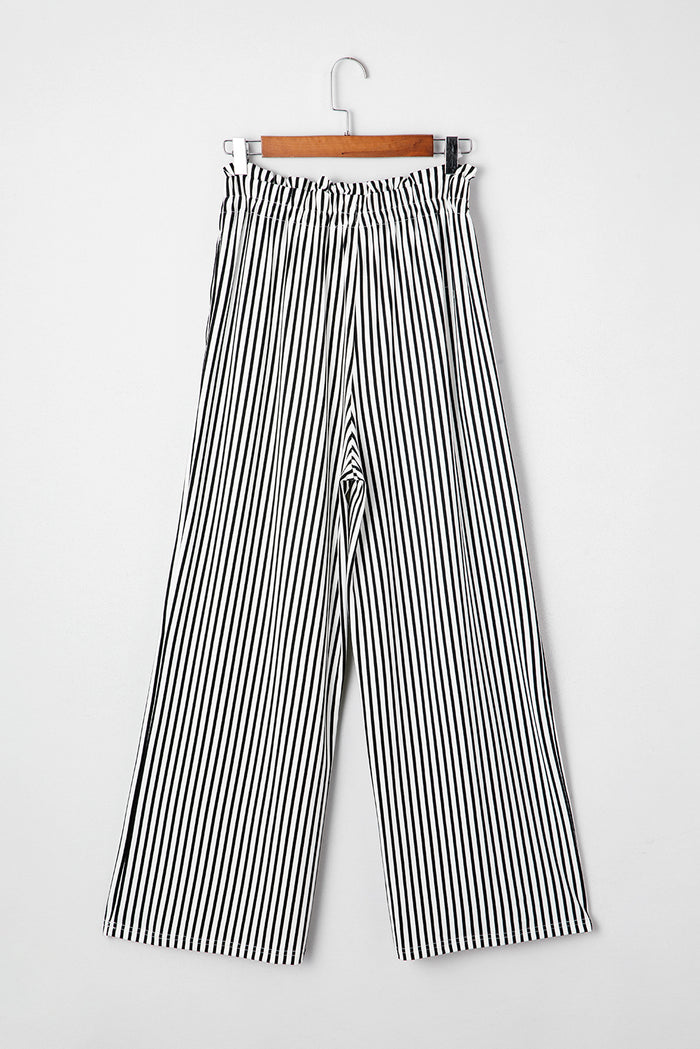 Black Stripe Tied High Waist Loose Straight Casual Pants