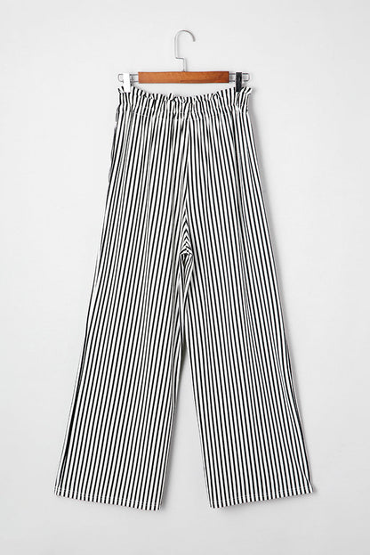 Black Stripe Tied High Waist Loose Straight Casual Pants