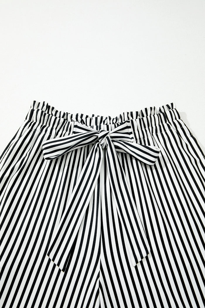 Black Stripe Tied High Waist Loose Straight Casual Pants
